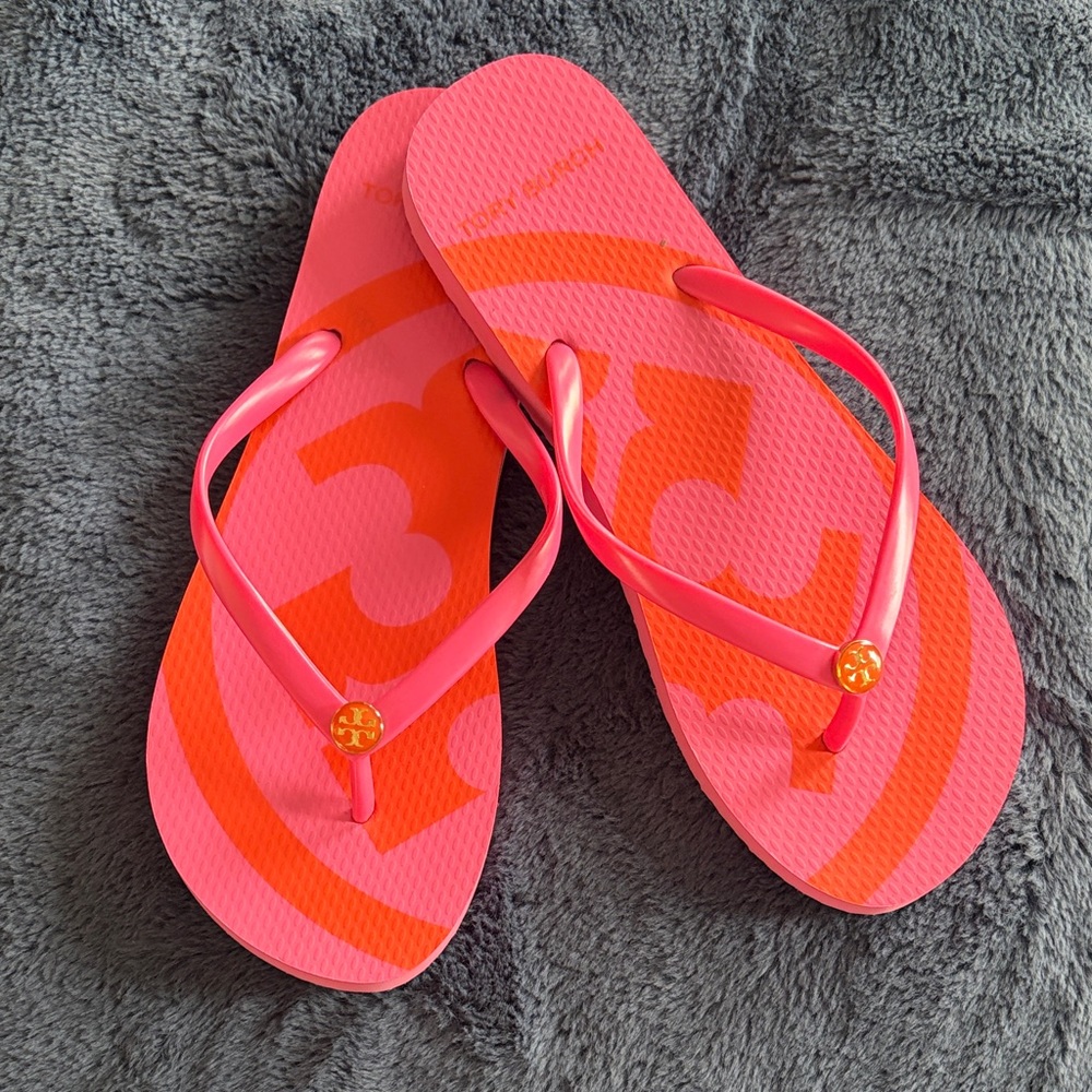 Tory Burch Emory Logo Thin Vibrant Pink and Orange Flip Flops, Size 9